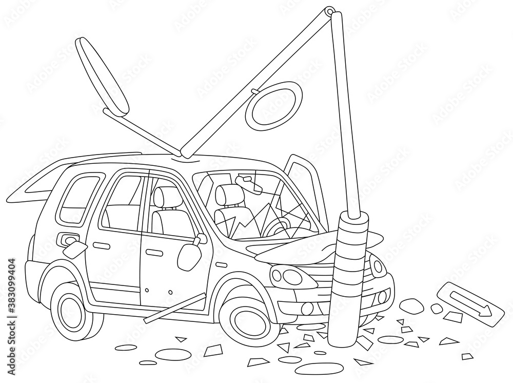 Car crashed into a lamppost on a road black and white outline vector cartoon illustration for a coloring book page vector