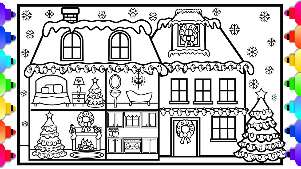 How to draw and color a house with christmas decorations ððglitter art ððchristmas coloring page