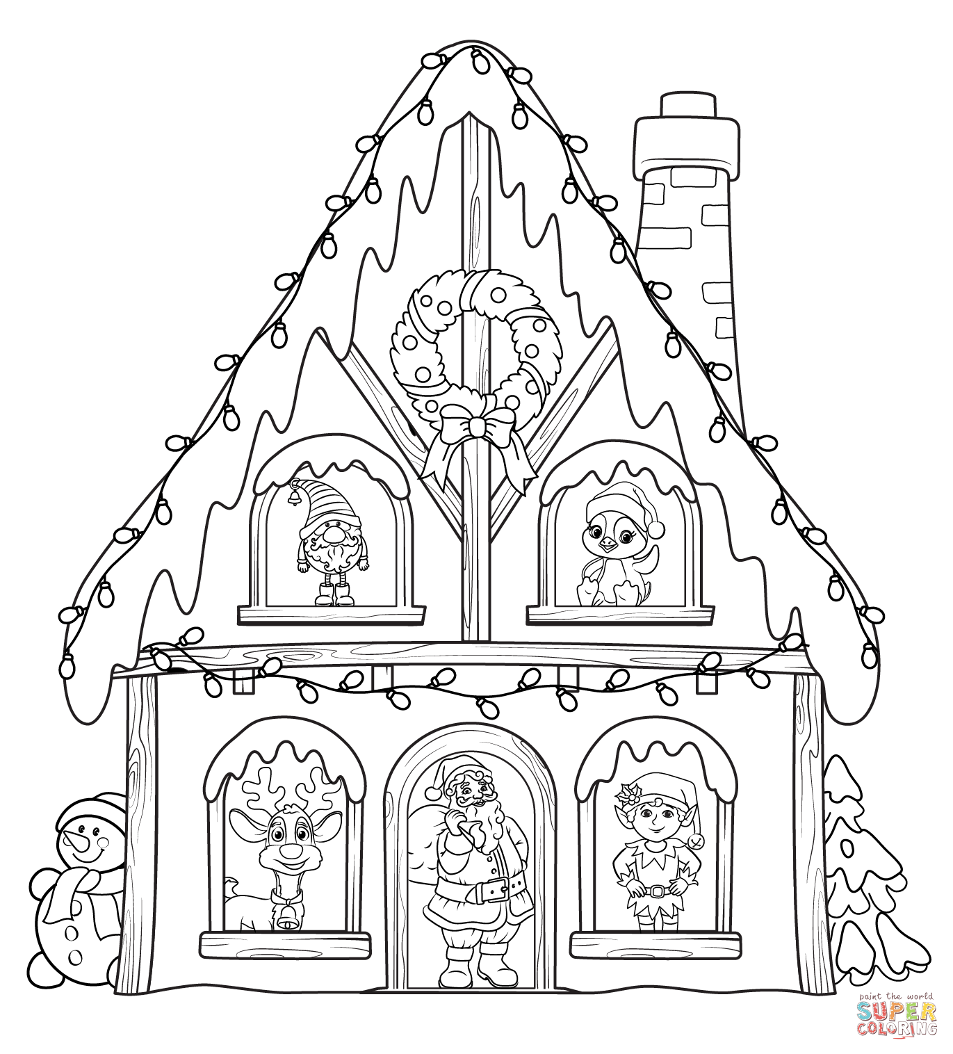 Christmas house with characters coloring page free printable coloring pages