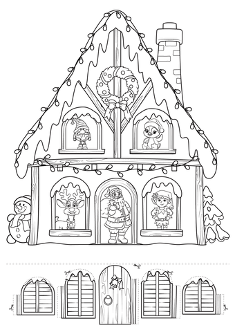 Create christmas house with surprise characters coloring page free printable coloring pages