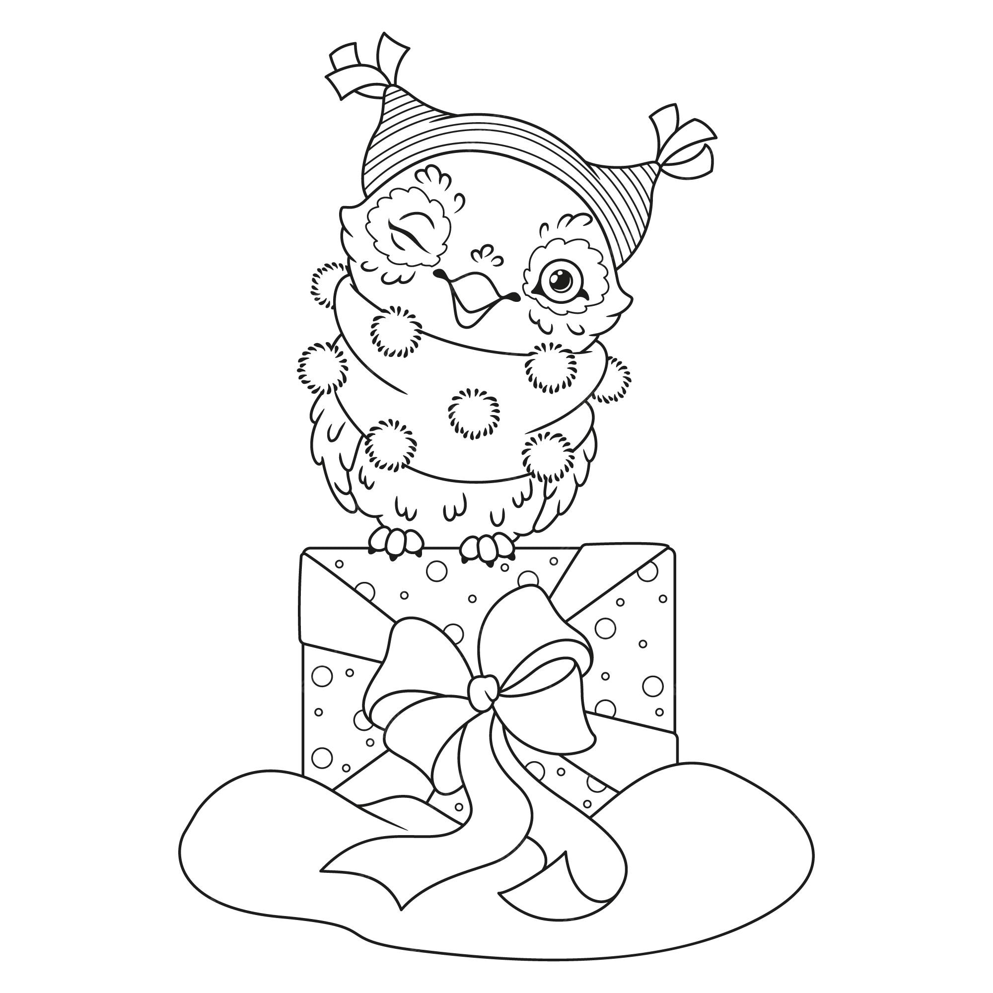 Premium vector christmas owl with gift coloring page