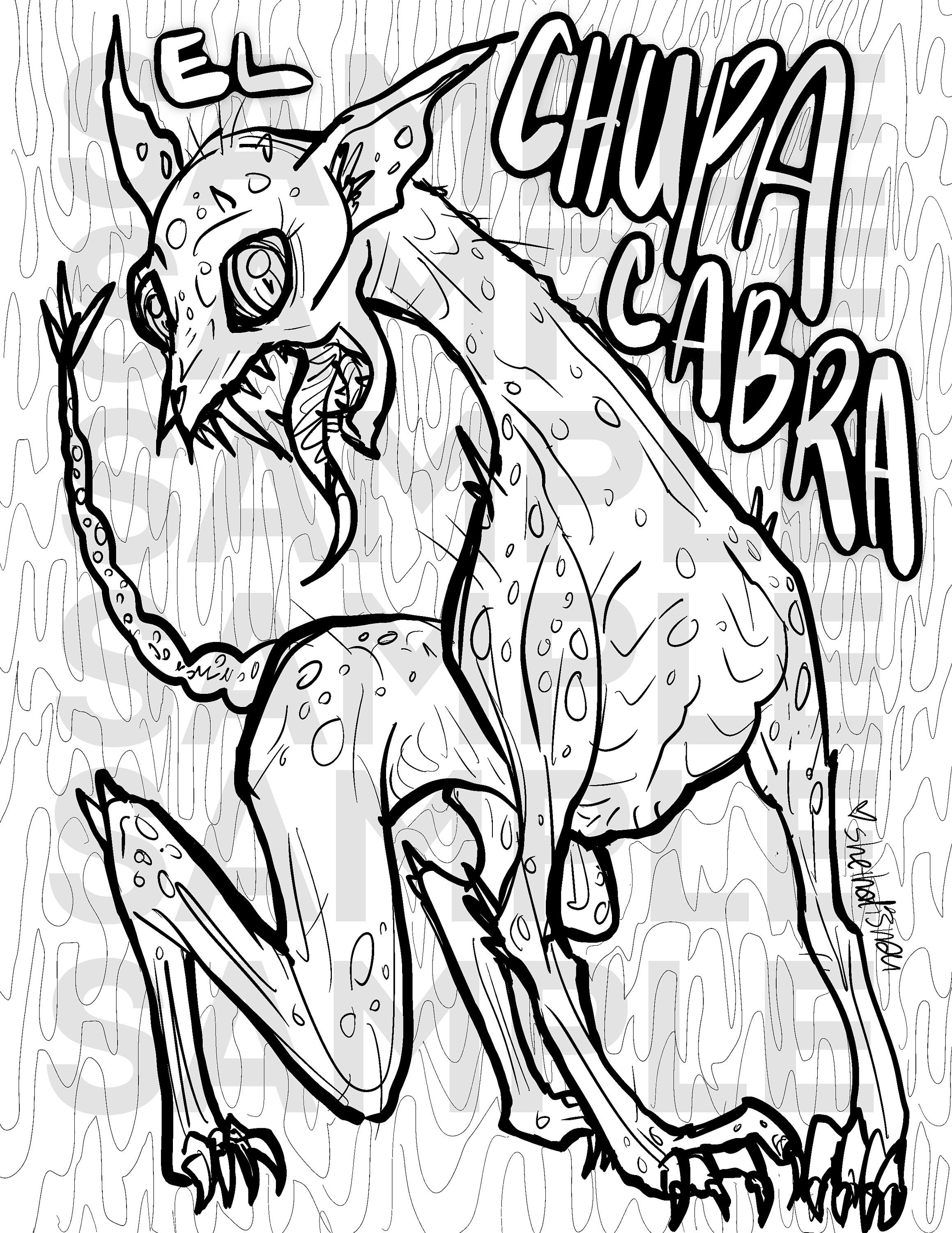 El chupacabra cryptid coloring page adult urban legend legendary beast horror creepy spooky beast monster illustration scary