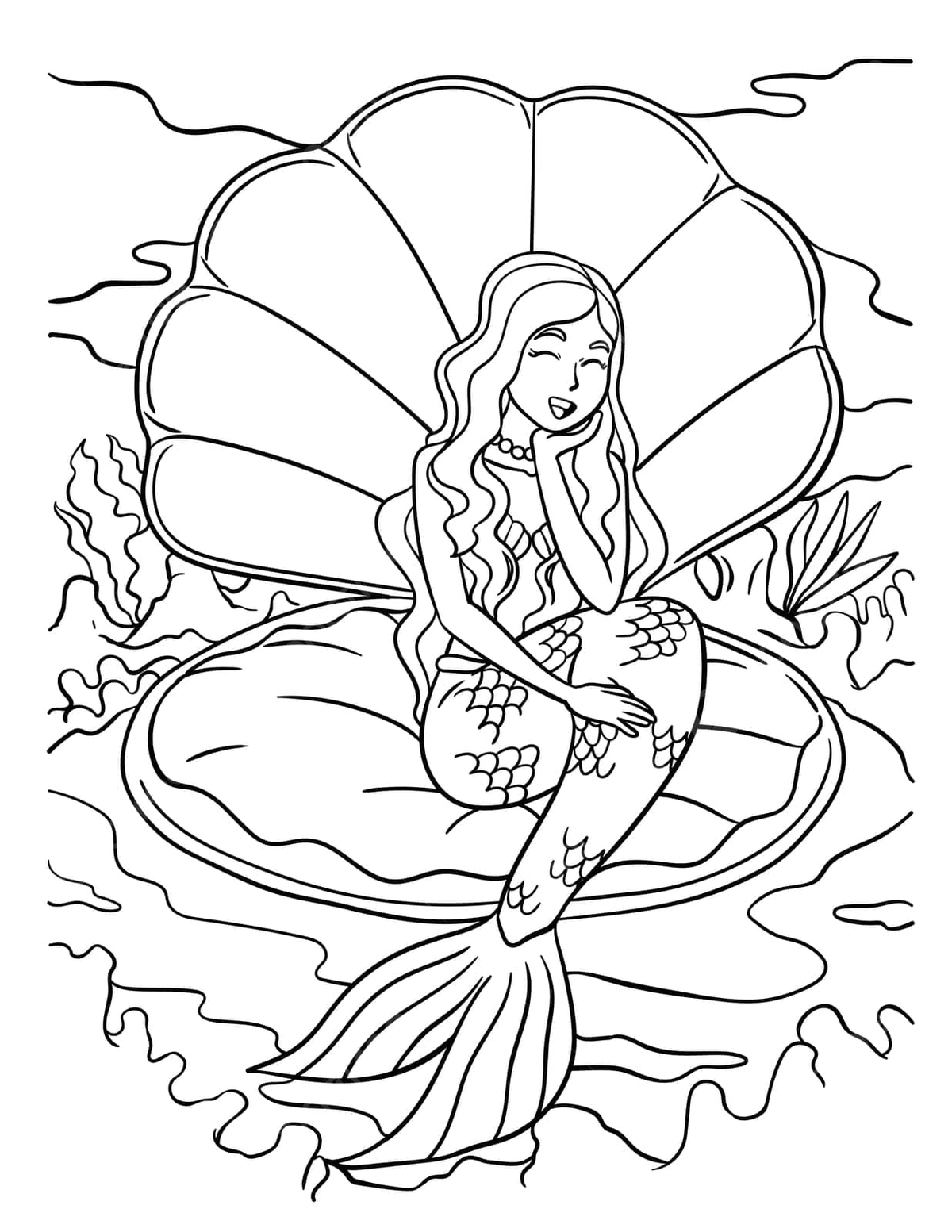 Coloring page featuring a stunning mermaid seated in a charming clam shell vector mermaid drawing sea drawing ring drawing png and vector with transparent background for free download