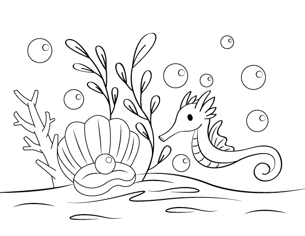 Printable clam and seahorse coloring page