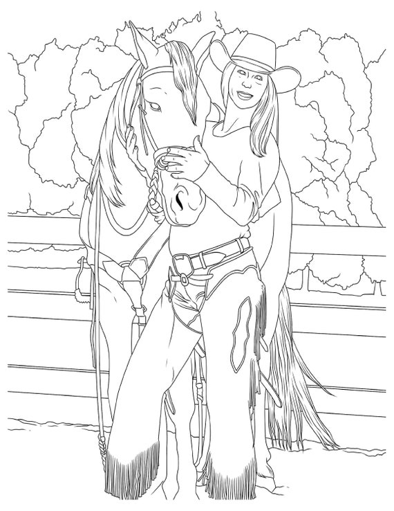 Cowgirls horses coloring for adults printable coloring pages instant download pdf