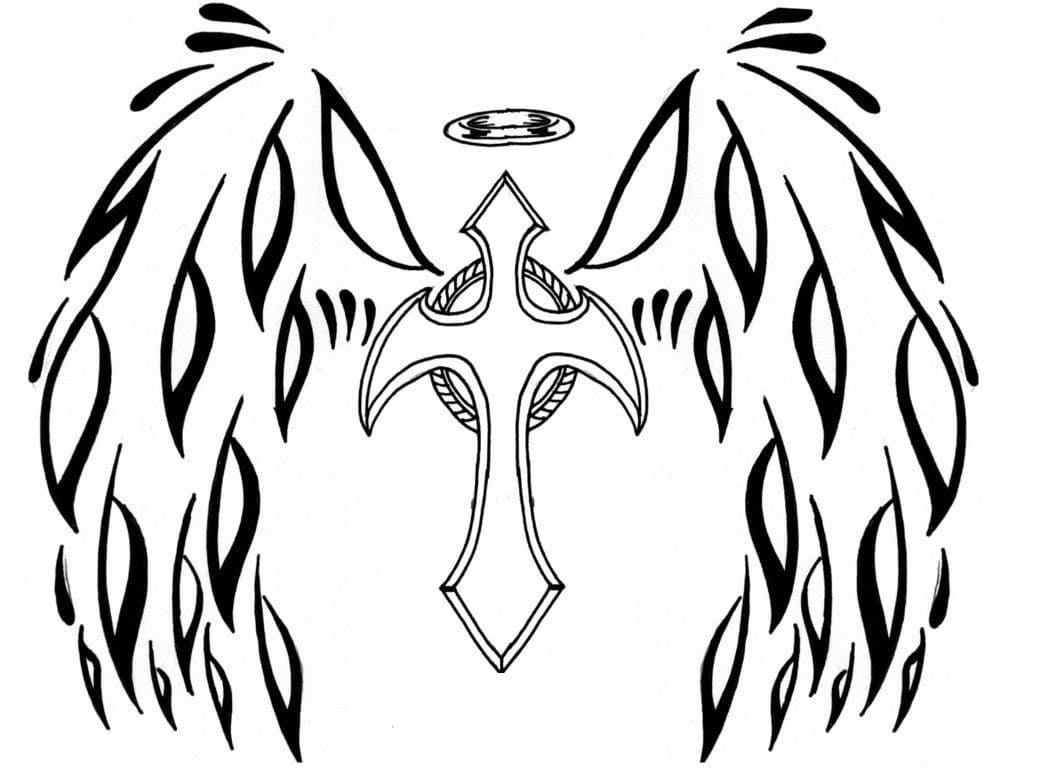 Cross with angel wings coloring page