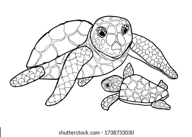 Coloring book sea turtles mom baby stock vector royalty free