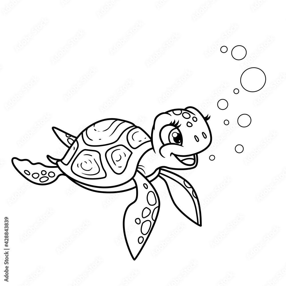 Cute little sea turtle outlined for coloring page isolated on white background vector