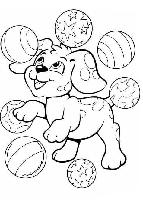 Happy puppy with balls coloring page