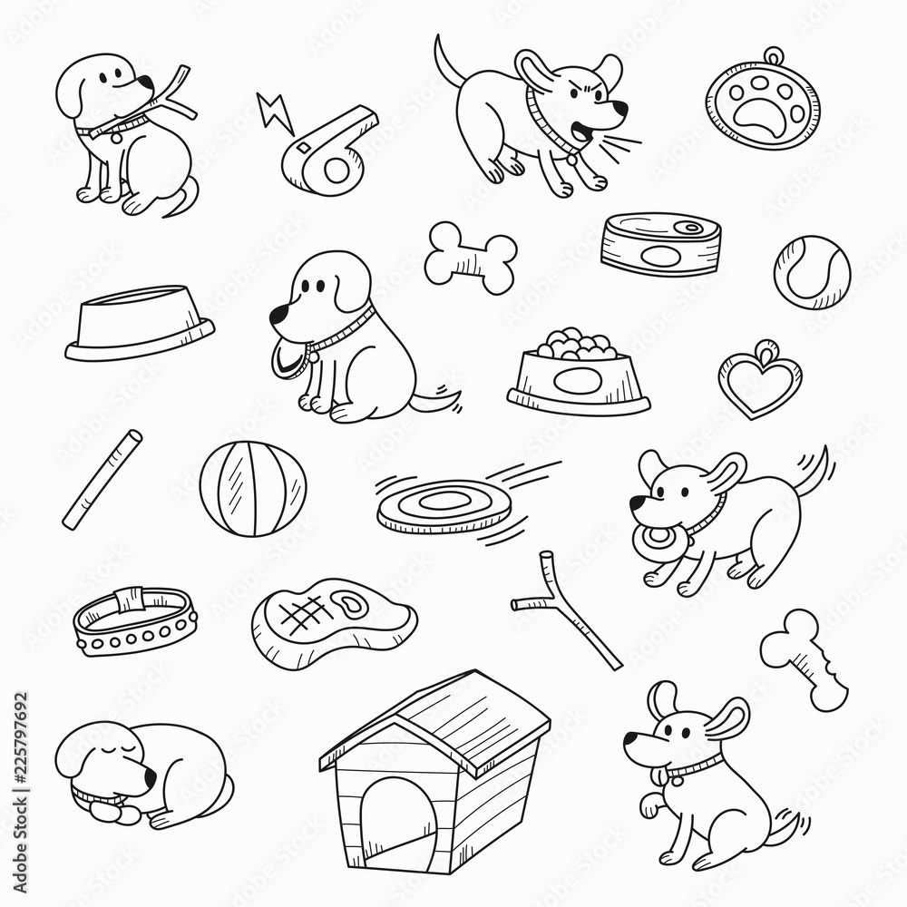 Cute cartoon dogs in lovely actions and playing with toys hand drawn style for coloring book page and design element dogs pattern and background vector illustration vector