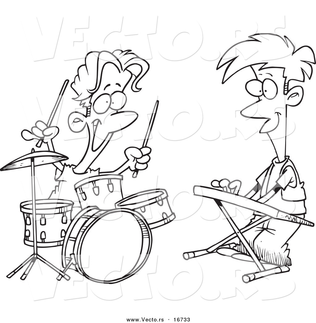 R of a cartoon cartoon black and white outline design of boys drumming and keyboarding in a band