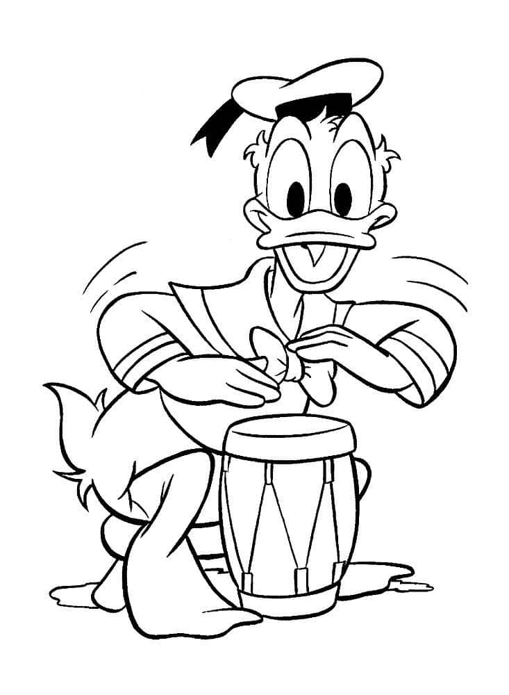 Donald duck with a drum coloring page