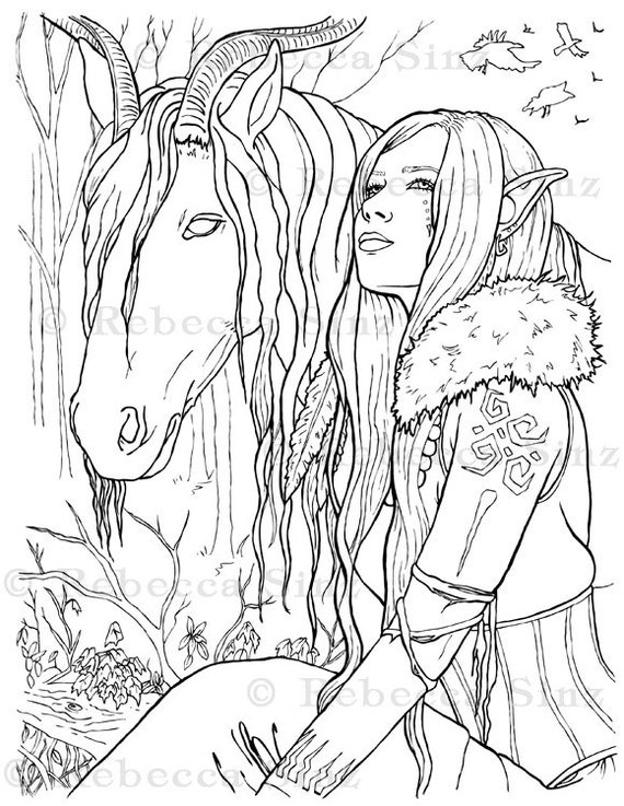 Coloring page printable gothic elf pooka horse shapeshifter tribal fantasy art adult coloring instant digital download line art printable