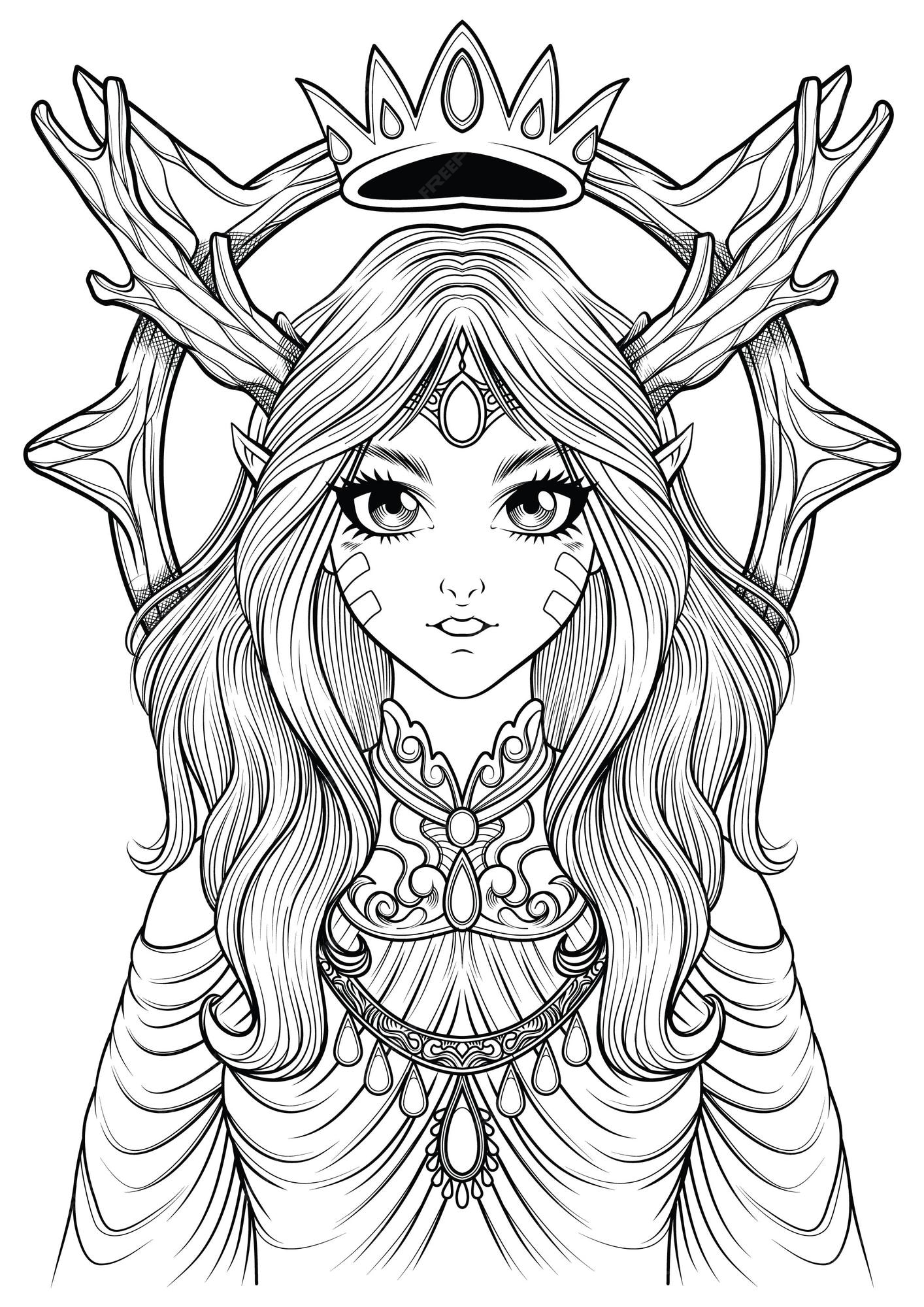 Premium vector coloring page of beautiful elf girl fantasy coloring book