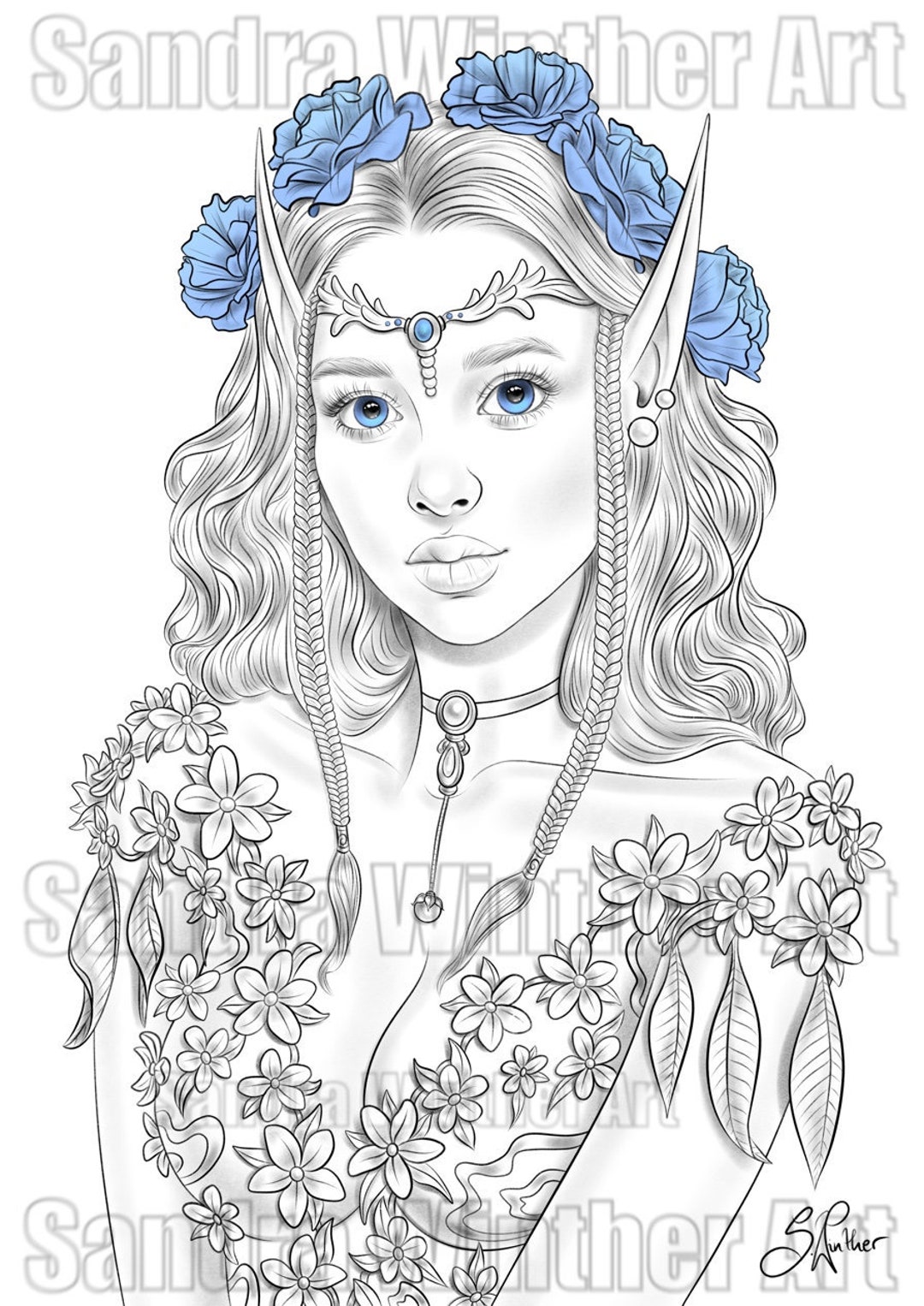 Elf princess printable digital coloring page download now