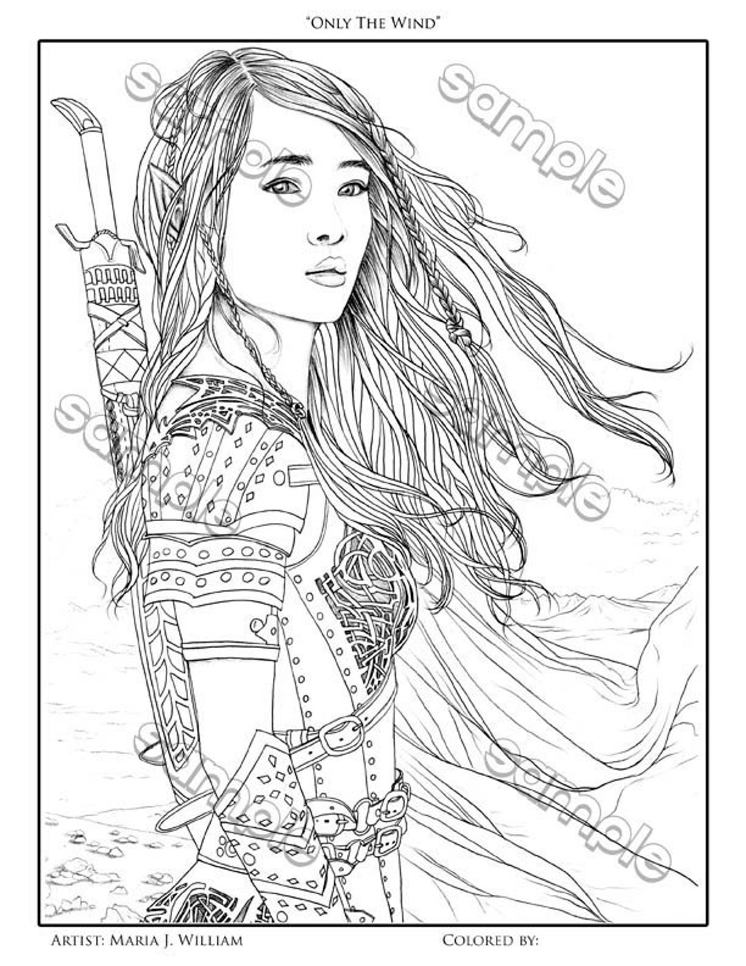 Elf woman warrior fantasy coloring page by maria j william instant pdf download