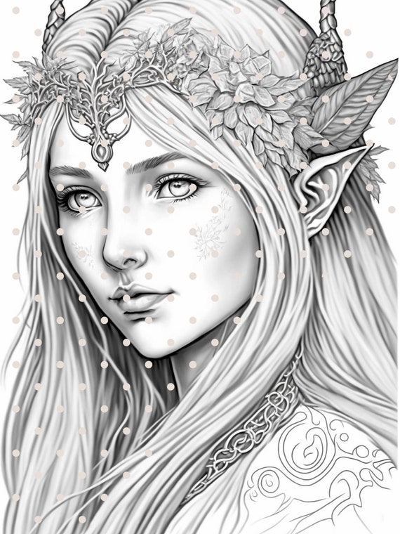 Fantasy style elves printable pdf grayscale coloring pages instant download grayscale coloring pages for kids and adults download now