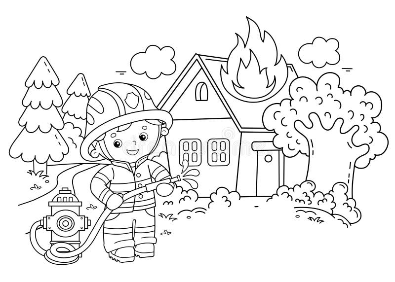 Coloring page outline of cartoon fireman or firefighter with fire hydrant fire fighting stock vector