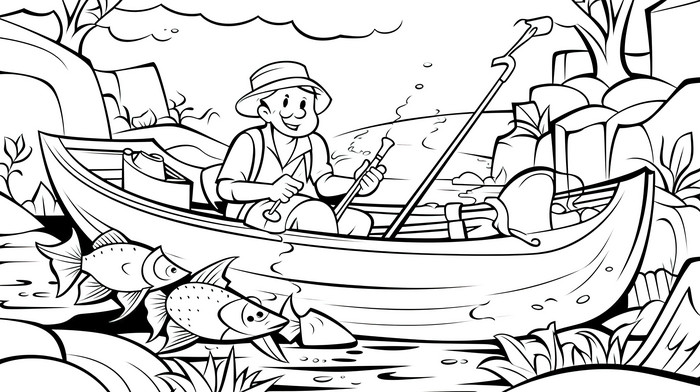 Fish boat fishing coloring page with a man in the backgrounds jpg free download