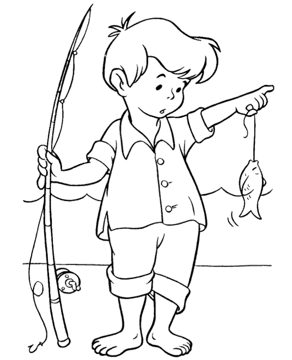 Boy and fish coloring page