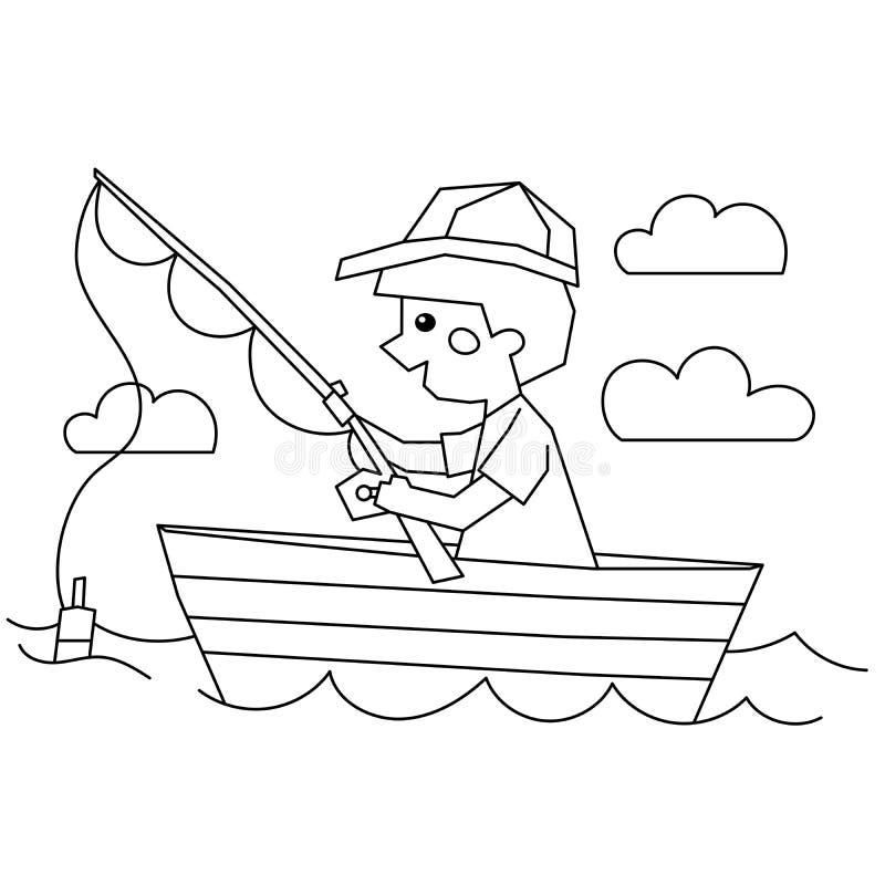 Coloring page outline of a boy fisherman with a fishing rod in boat coloring book for kids stock vector