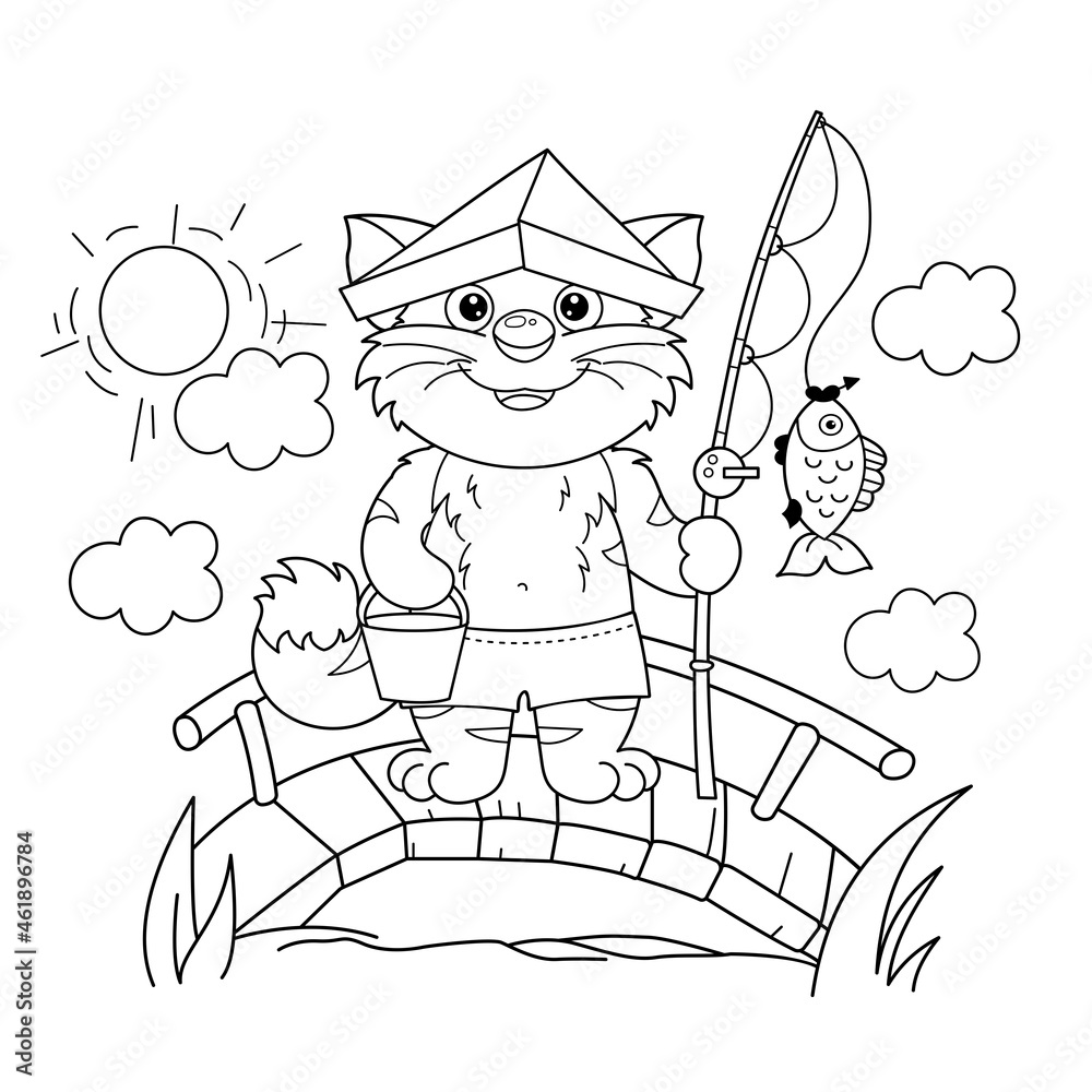 Coloring page outline of cartoon cat with fishing rod cheerful fisher or fisherman with fish coloring book for kids vector