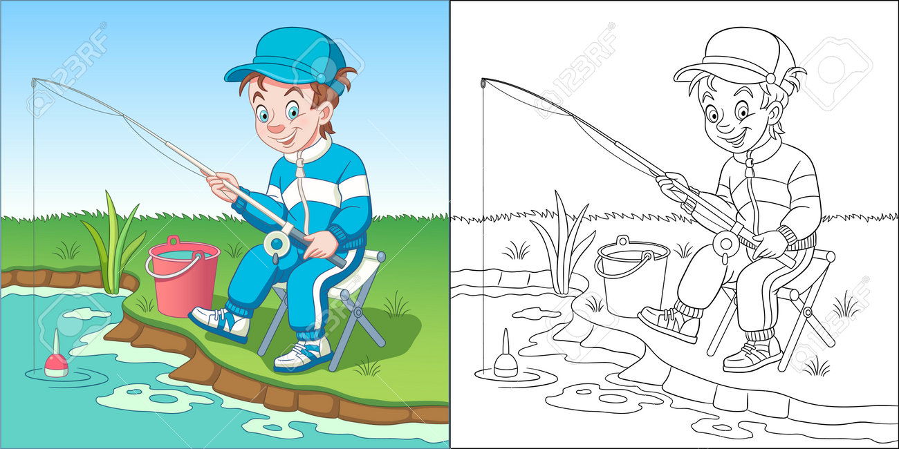 Coloring page with boy fishing line art drawing for kids activity coloring book colorful clip art vector illustration royalty free svg cliparts vectors and stock illustration image