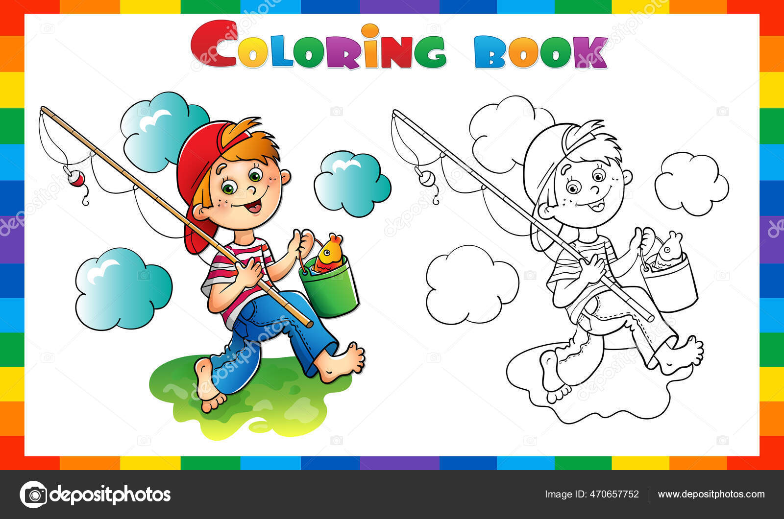 Coloring page outline cartoon boy fishing rod coloring book kids stock vector by oleon