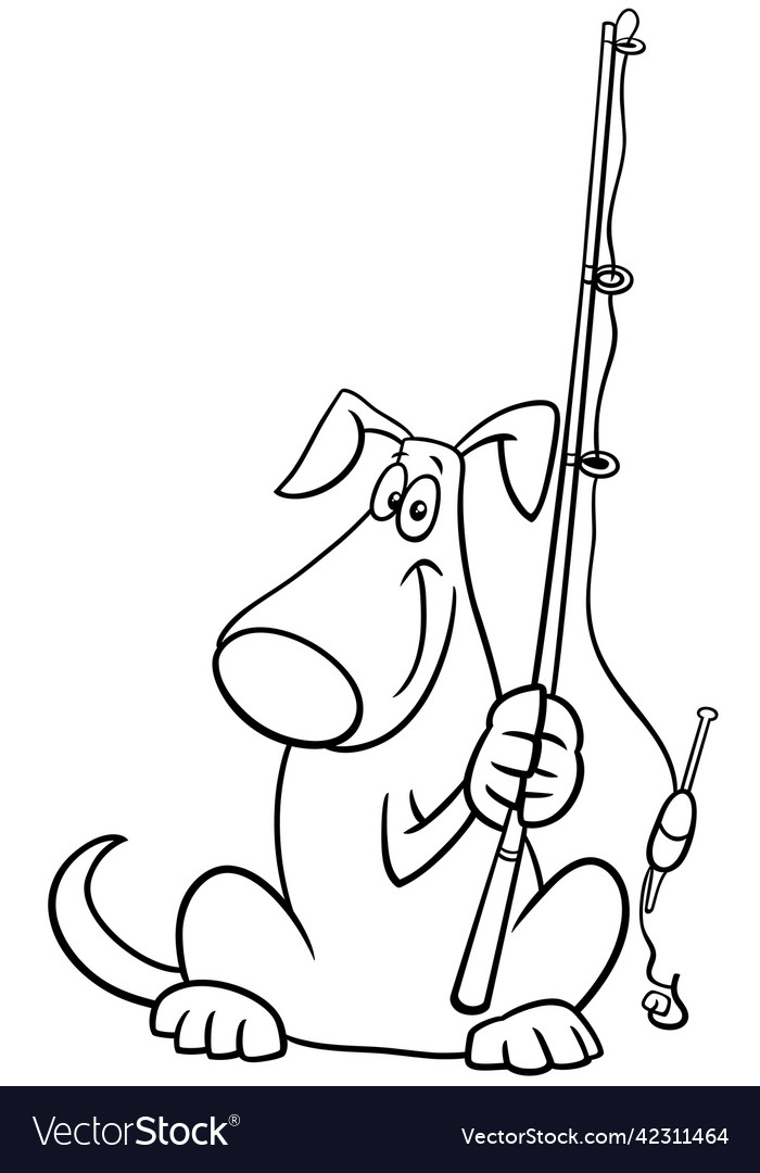 Cartoon dog with fishing rod coloring book page vector image