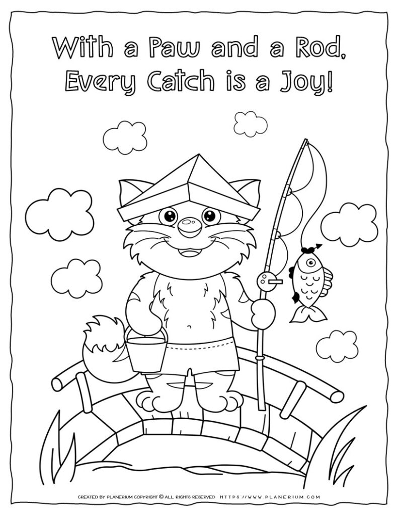 Fishing coloring page cat with fishing rod creative activity for kids