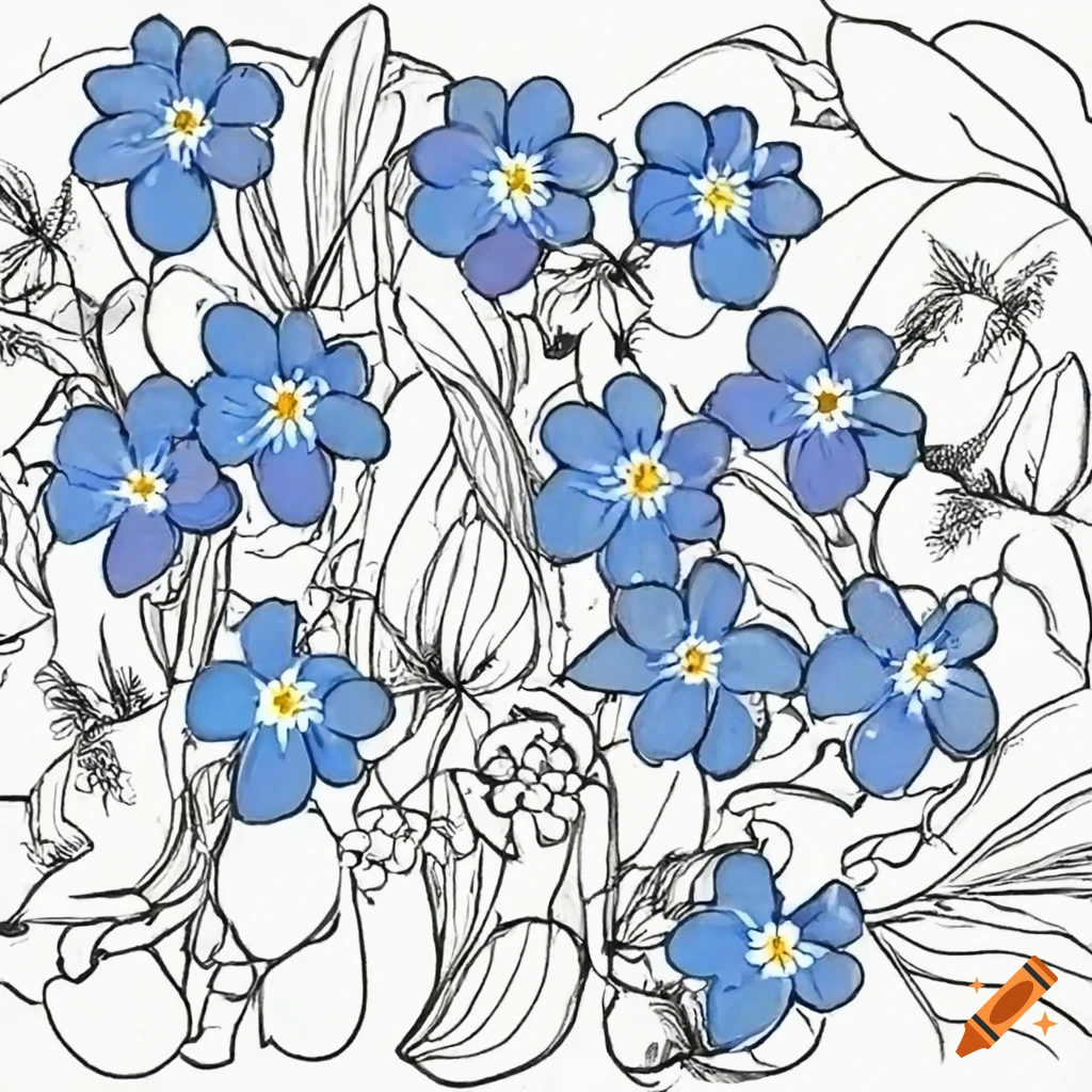 Blue forget me not flowers in a coloring book style on