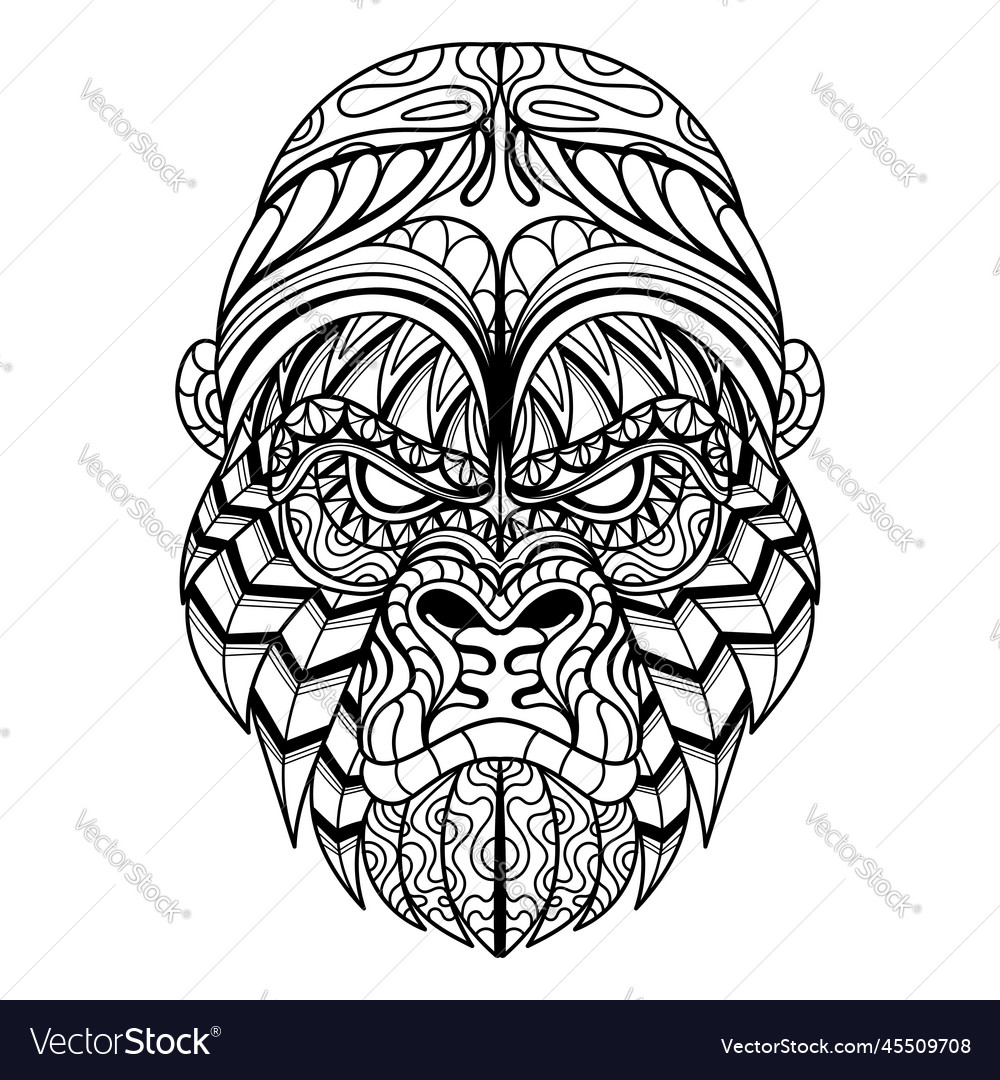 Gorilla head mandala entangle coloring page vector image