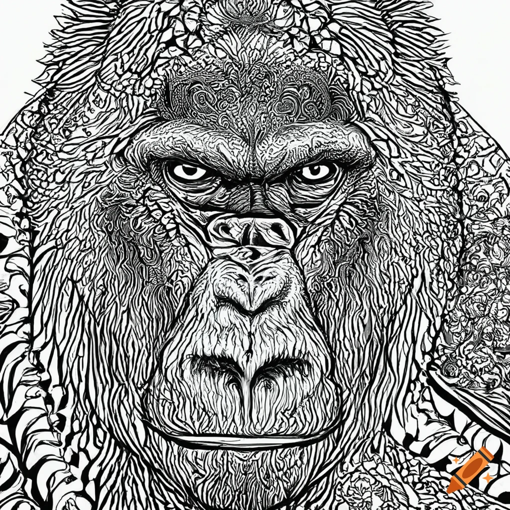 Coloring page for adults mandala monkey image eastern gorilla white background clean line art fine line art