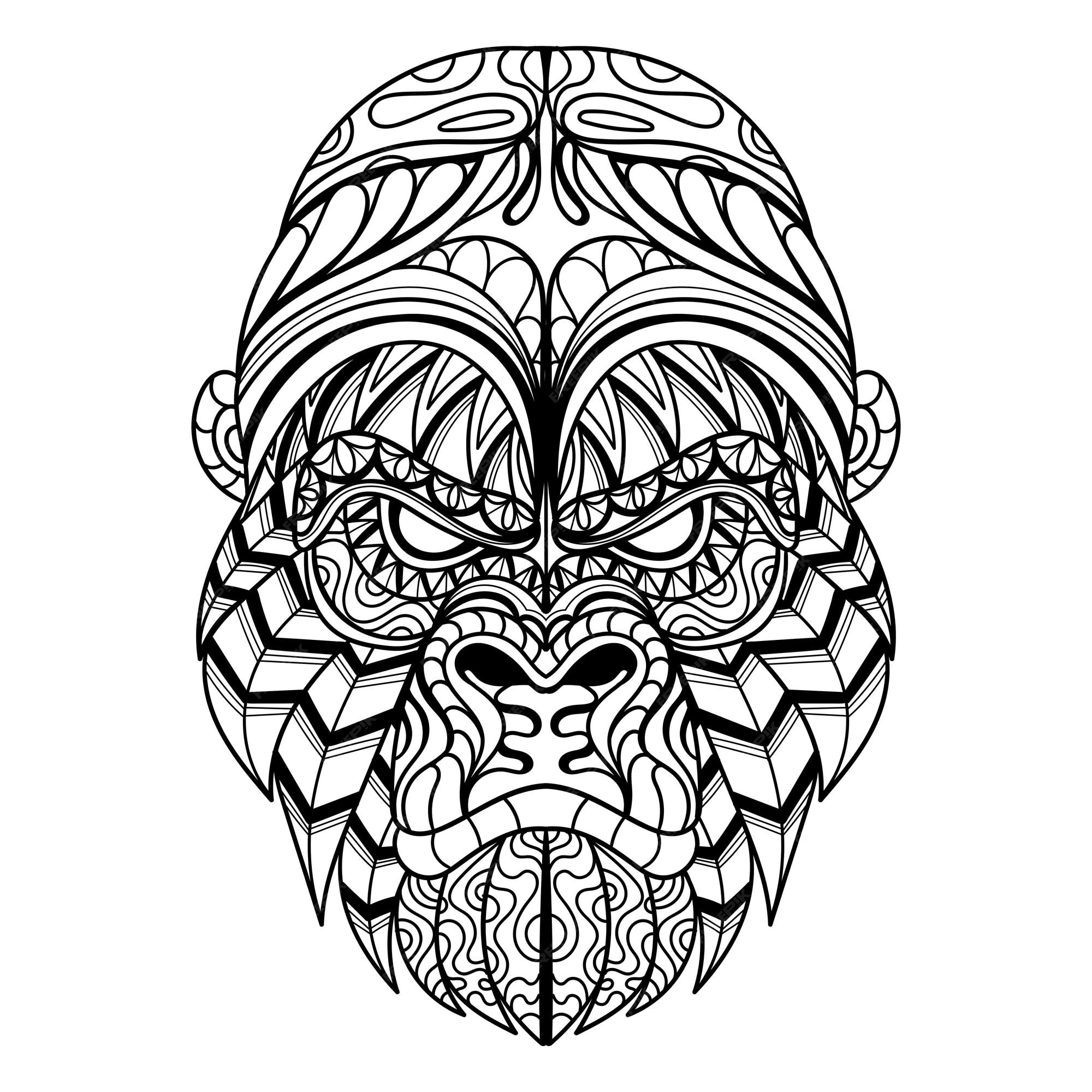 Premium vector gorilla head mandala zentangle coloring page illustration