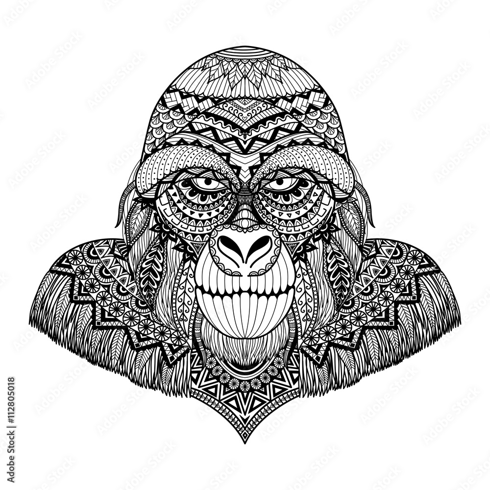 Clean lines doodle art design of gorilla for adult coloring book t