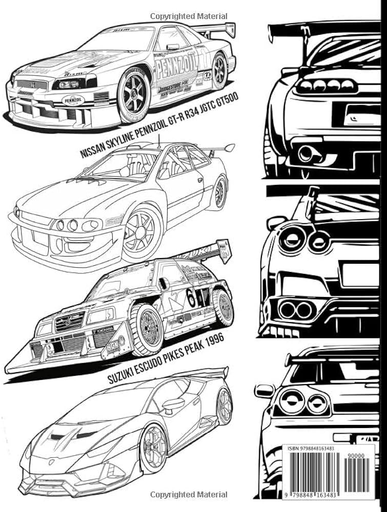 Jdm cars coloring book sport cars coloring book for adults and kids a colllection of cool supercars sport and muscle cars relaxation coloring pages for kids adults boys and car lovers