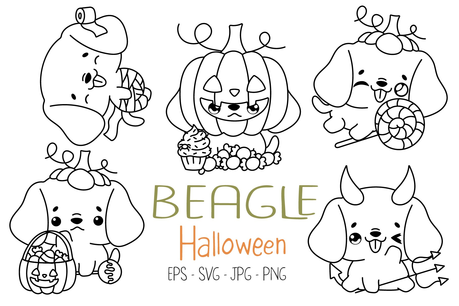 Set halloween beagle dog coloring page