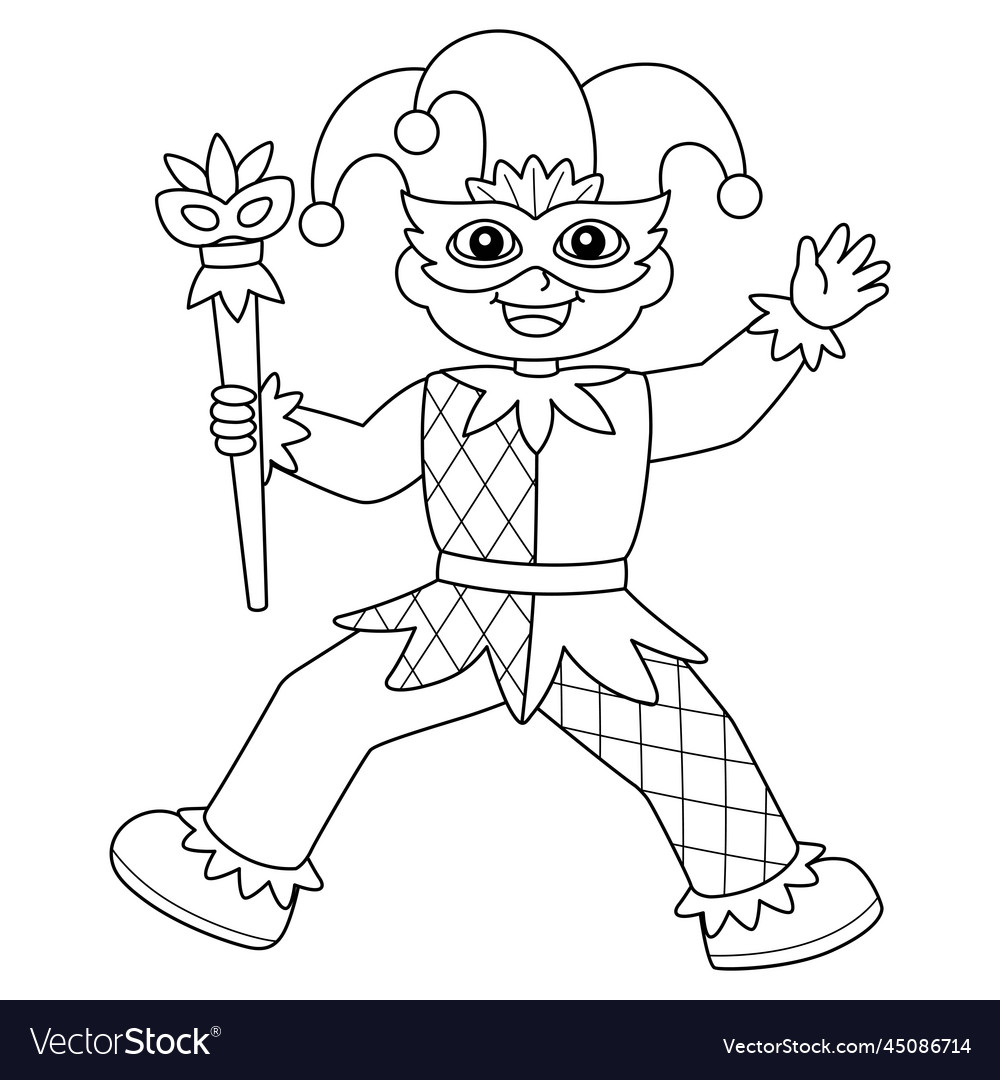 Mardi gras jester boy isolated coloring page vector image