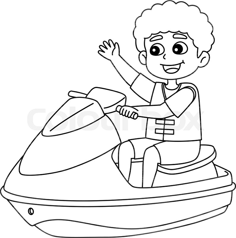 Boy riding a jet ski summer isolated coloring page stock vector