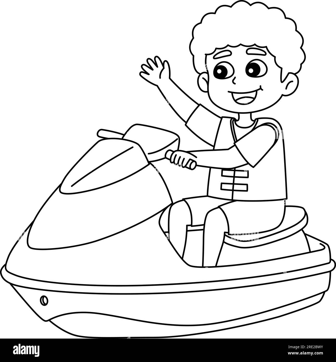 Boy riding a jet ski summer isolated coloring page stock vector image art