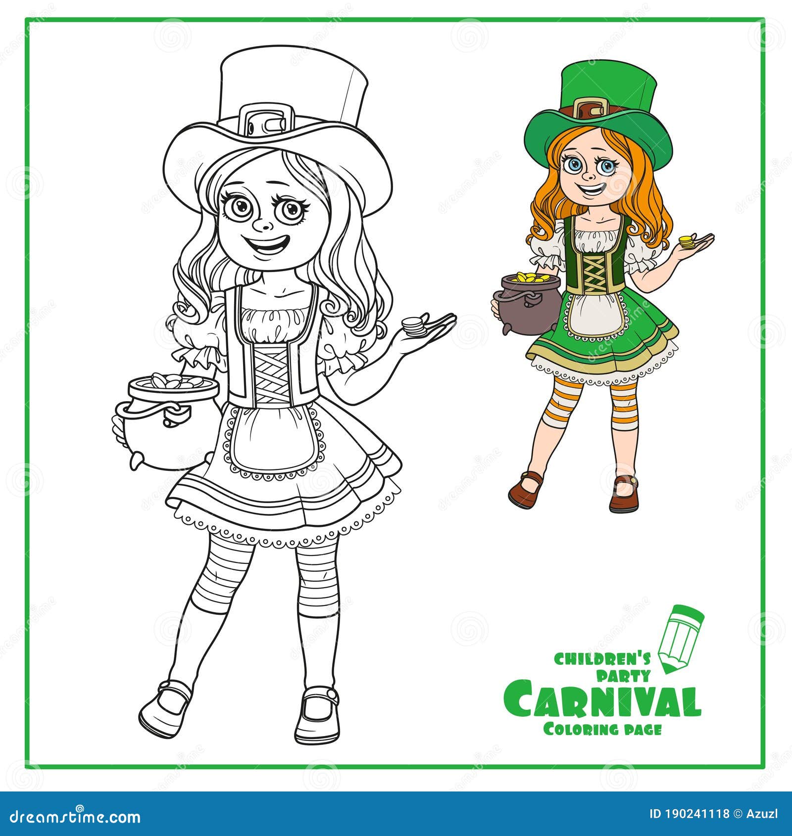 Cute girl in leprechaun costume with a pot of gold color and outlined for coloring page stock vector