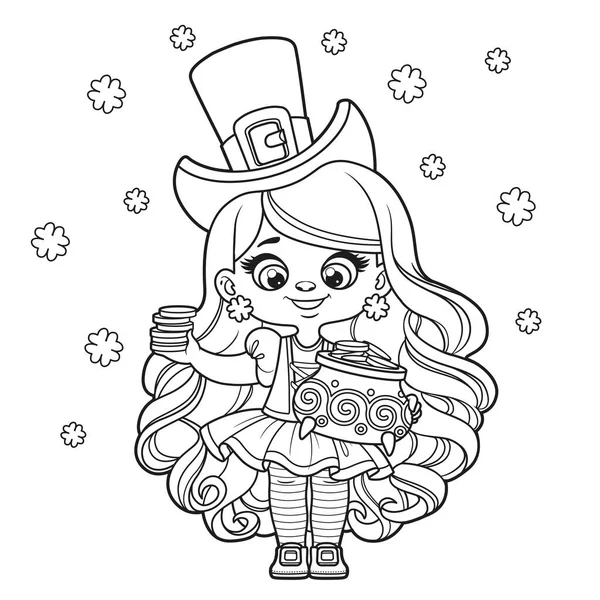 Cute cartoon long haired leprechaun girl pot gold outlined coloring stock vector by yadviga