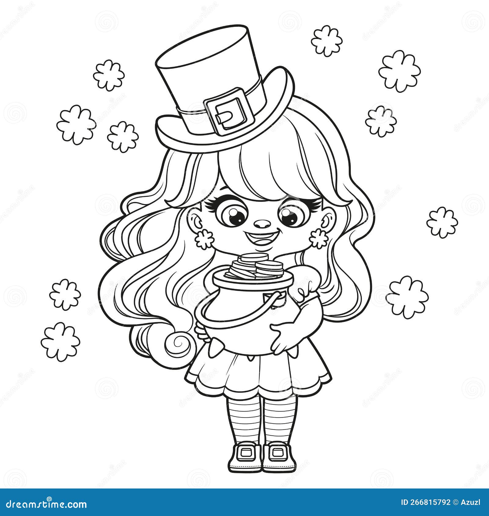 Cute cartoon leprechaun girl with a pot of gold outlined variation for coloring page on white stock illustration