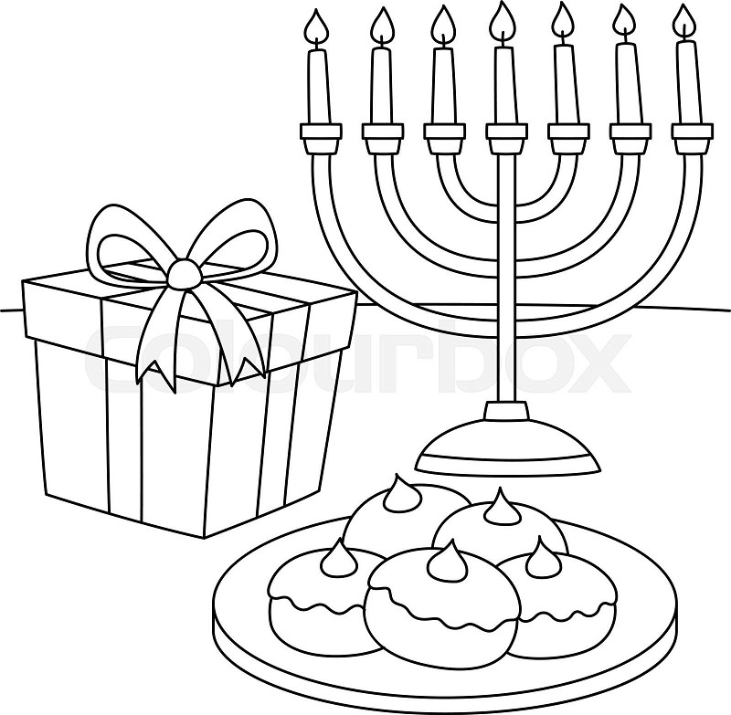 Hanukkah sufganiyah gift menorah coloring page stock vector