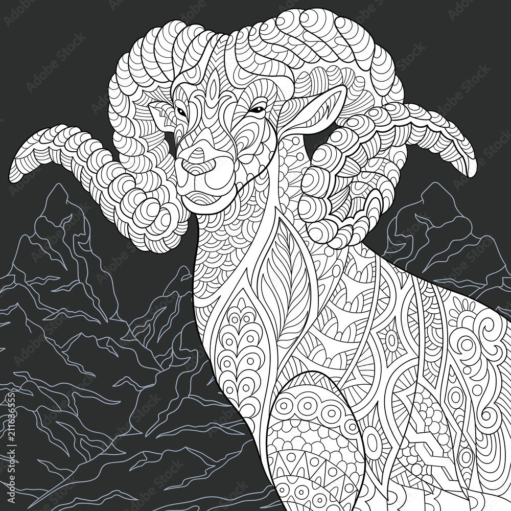 Mountain goat in black and white line art style coloring page vector