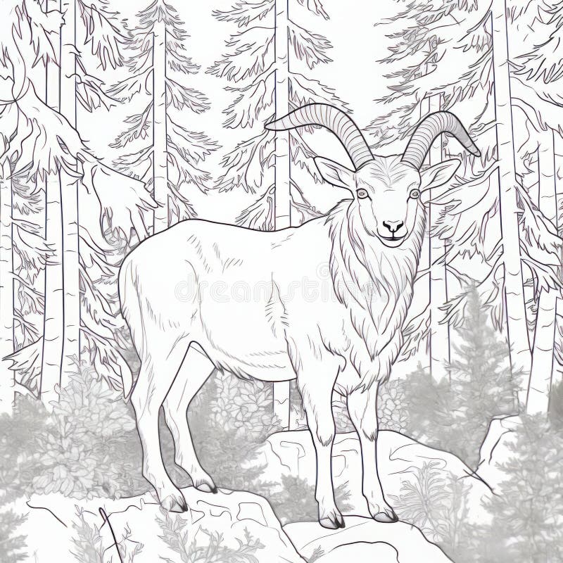 Hyperrealistic coloring page of a goat in a monochromatic forest stock illustration