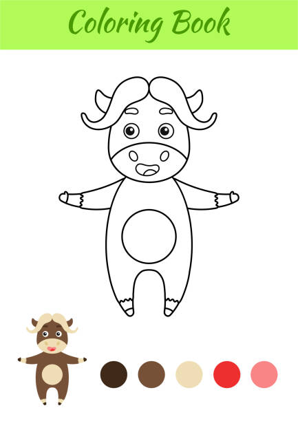 Coloring page happy musk ox coloring book for kids educational activity for preschool years kids and toddlers with cute animal flat cartoon colorful vector illustration stock illustration