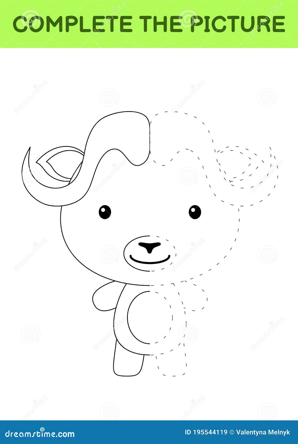 Plete the picture of cute musk ox coloring book copy picture handwriting practice drawing skills training stock illustration