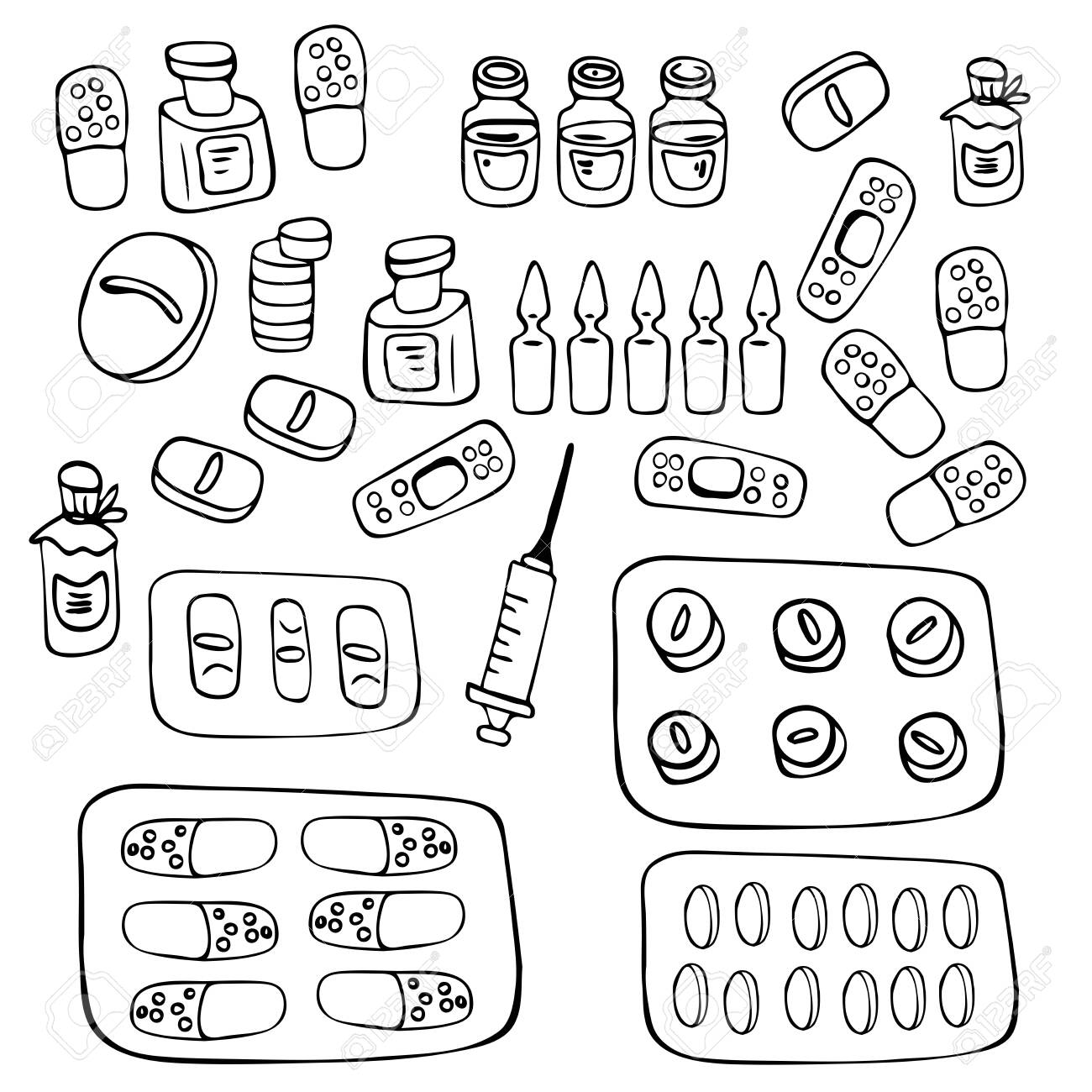 Vector big medical set in doodle style isolated pills tablets capsule vitamins antibiotics treatment syringe injection enema vector outline illustration coloring book page for booklets royalty free svg cliparts vectors and stock