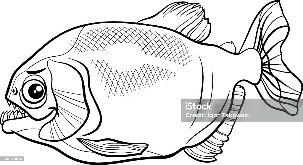 Cartoon piranha fish animal character coloring book page stock illustration